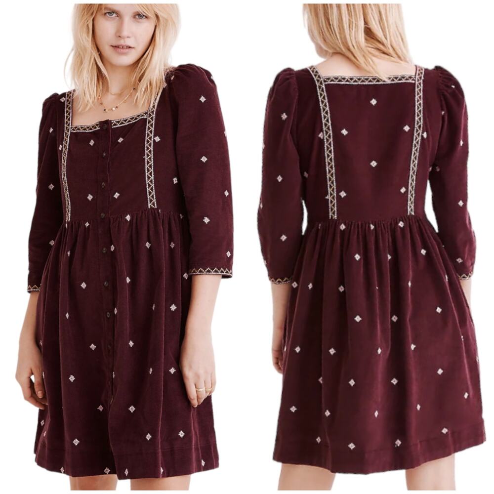 Madewell NWT Embroidered Corduroy Button-Front Mini Dress Size 10 Puff Sleeve